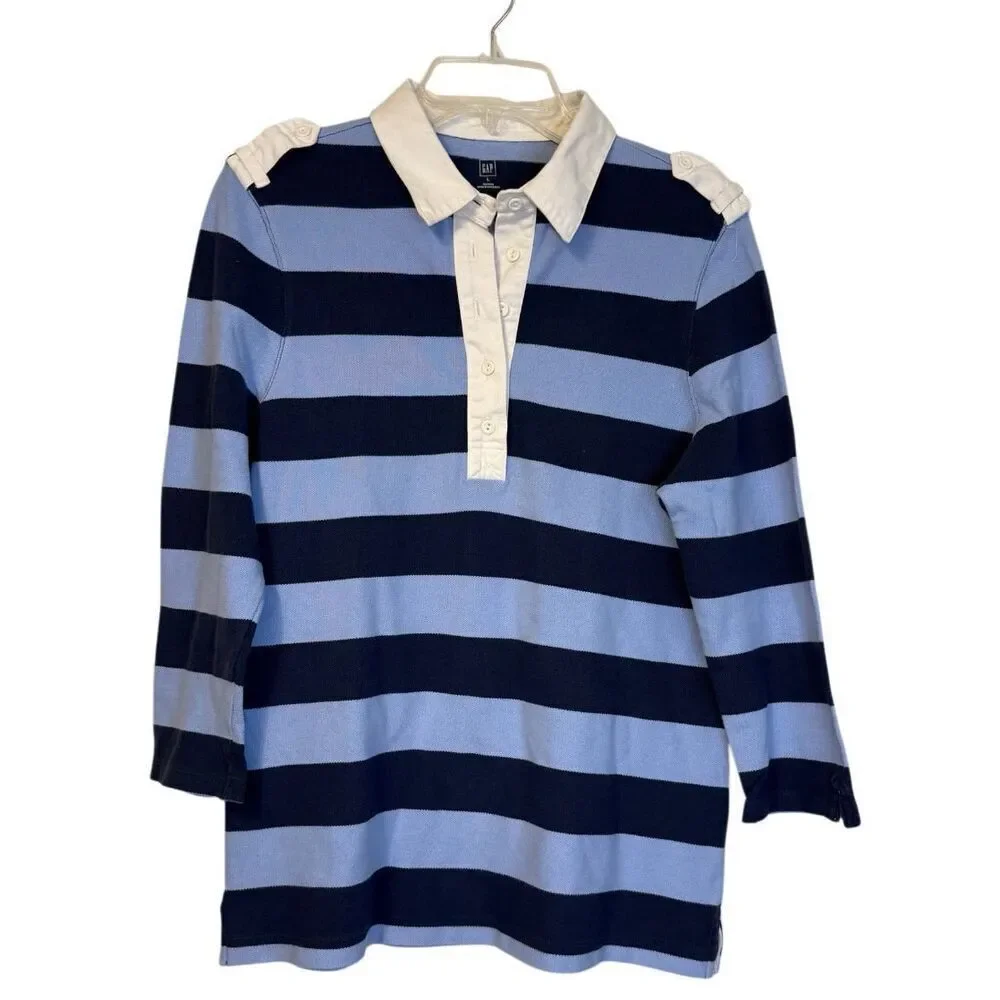 GAP Rugby Shirt Girls Sz. L Blue Stripe White Collar